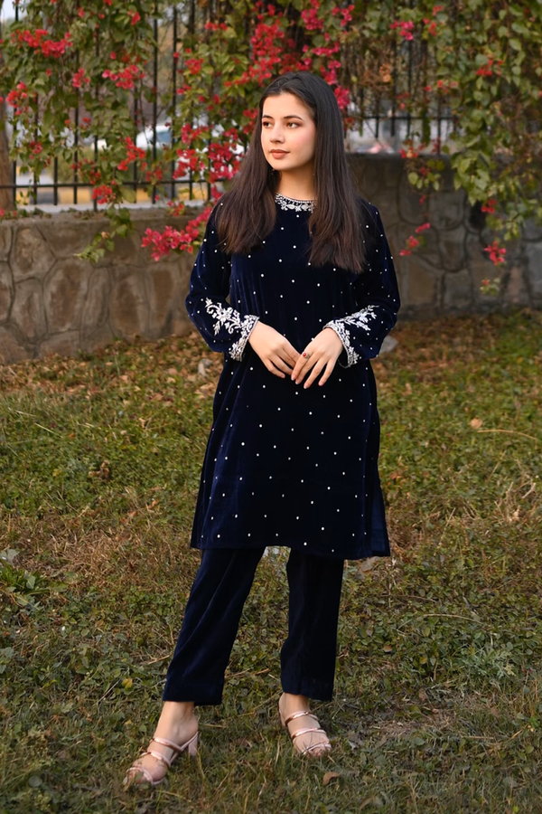 Zoe: Blue Velvet Short Length Kora Dabka Hand Embellishment Dress 2'PC  - 380