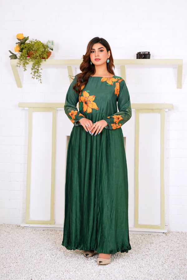 Greta: Green Plated Floral Maxi - 383