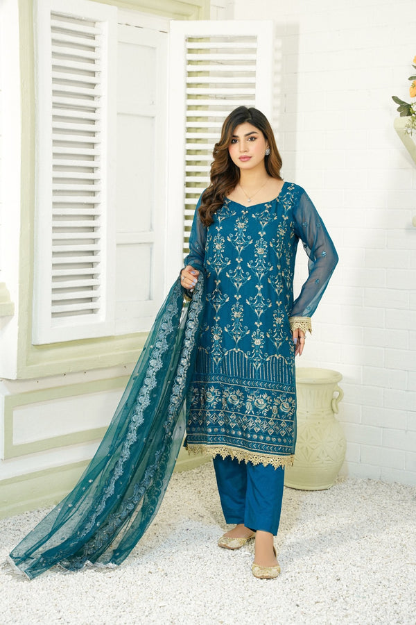 Alice - Teal Green Pure Chiffon Embroidered - 384 - 3PCs