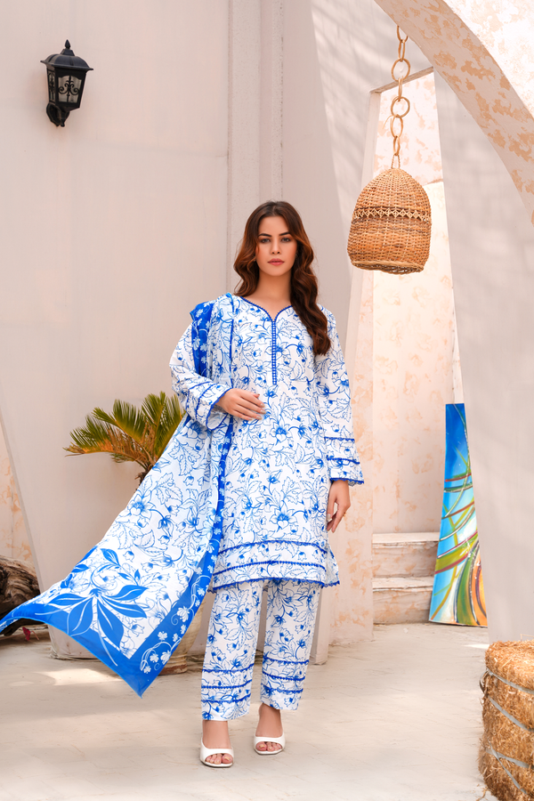 White & Blue Premium Lawn Ready To Wear - 418