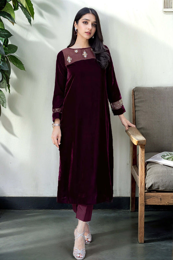 Larum: Maroon Velvet Co Ord Set With Hand Embellishment - 459