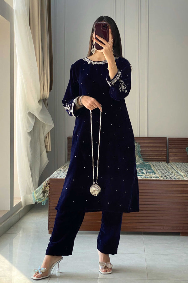 Zoe: Blue Velvet Long Length Kora Dabka Hand Embellishment Dress 2'PC  - 465