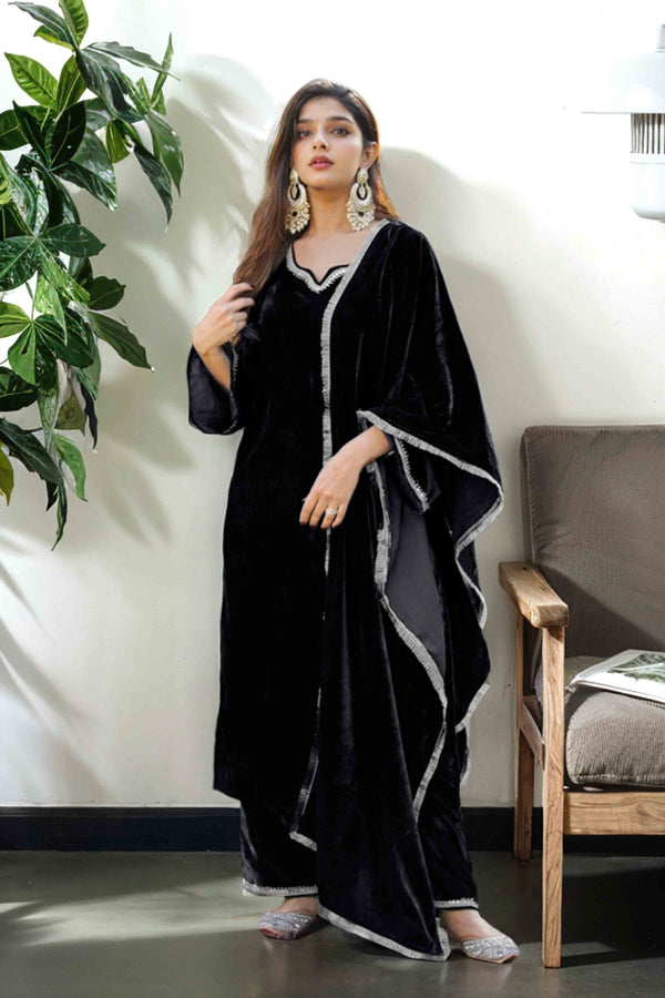 Emily: Black Velvet Dress With Hand Embellishment - 455