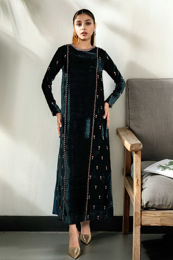 Olivia: Green Velvet Long Dress - 458