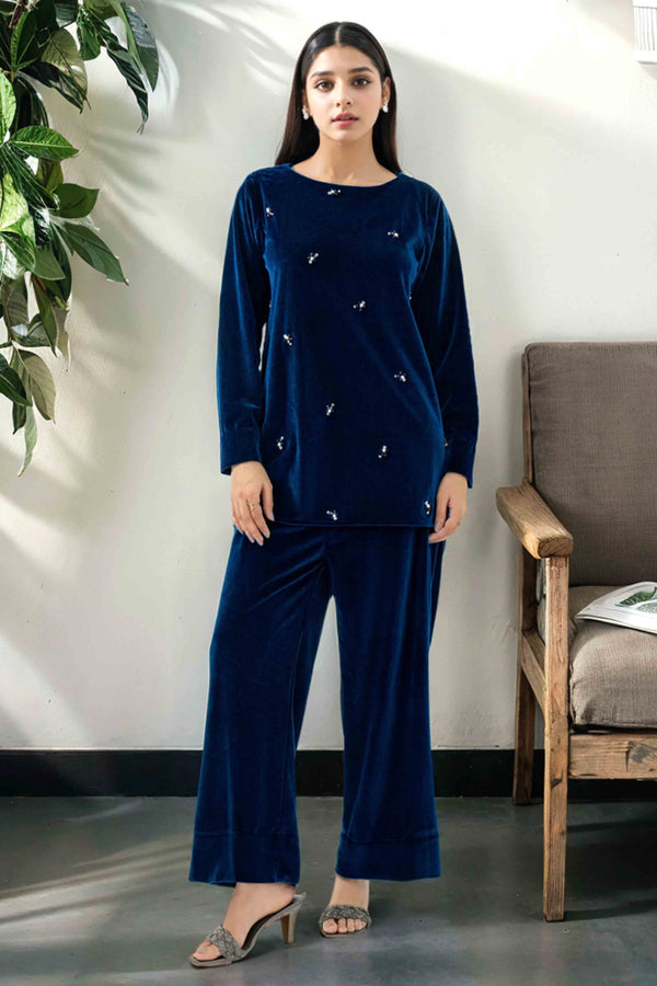 Sheena: Navy Blue Velvet Co Ord With Hand Embellishment - 453