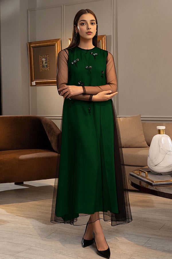 Circe: Green Silk & Net Dress With Hand Embellishment - 466