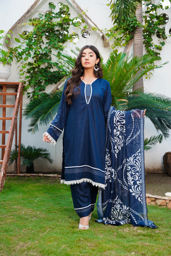 Iyka: Navy Blue Lawn Dress 3PC - 434